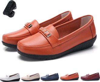 Generic Womens Orthopedic Leather Loafers Comfortable Penny Slip-On Work Shoes Classic Soft Leather Walking Moccasins Business Casual Dress Flats (Orange,4.5)