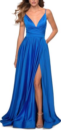 La Femme Long Satin Dress with Side Slit and V Shaped Back in Royal Blue at Nordstrom, Size 20