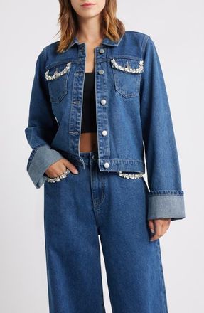 PTCL Rhinestone Detail Denim Trucker Jacket in Rinse Wash at Nordstrom, Size X-Large