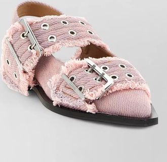 Ganni buckle denim fringe pointed toe slingback sandals