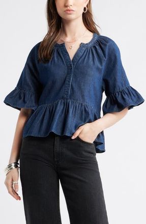 Treasure & Bond Cotton Chambray Peplum Top in Dark Mid Wash at Nordstrom, Size Xx-Large