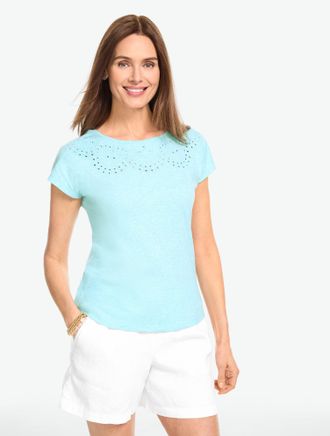 Talbots Plus Petite - Eyelet Seashell T-Shirt - Light Turquoise Sea Heather - 1X - 100% Cotton Talbots