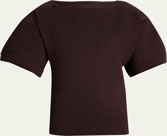 sacai Mixed-Media Puff-Sleeve Off-The-Shoulder Sweater
