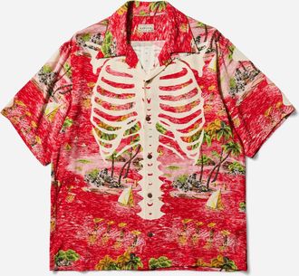 KAPITAL Men s Rayon Kamekameha Bone Aloha Shirt Red