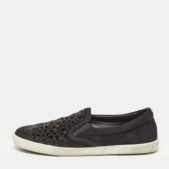 Jimmy Choo London Black Suede Crystal Embellished Cut-Out Slip On Sneakers