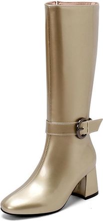 Generic Womens Square Toe Block Heel Shiny Metallic Knee High Riding Boots with Side Zipper and Buckle Strap Decor (5.5,Gold)