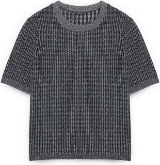 Fiorella Rubino Trui met korte mouwen en ruitpatroon - Dames - Ronde hals truien - Blauw - M - Polyester - Truien & Vesten