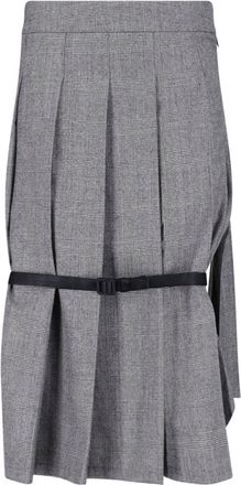Vaquera Grey Pleated Front-Buckle Wool Midi Skirt