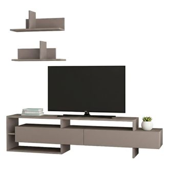 Dmora Pared Modular Huko, Mueble Sala 2 Cajones, 9 Estantes, Puerta Corredera, Beige