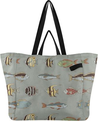 Generic Underwater Fish Ocean Gray pattern Reusable Canvas Tote Bag, Heavy Duty Grocery Shopping Bag with Large Capacity Hard Bottom Double Handles Work Groce