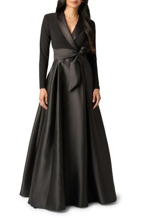 Adrianna Papell Mixed Media Long Sleeve Tuxedo Gown in Black at Nordstrom, Size 14
