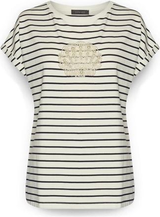 Elena Miro Gestreept katoenen T-shirt met borduursel - Dames - T-shirts - Wit - XS - Katoen - Tops