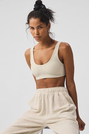 Alo Alosoft Center Stage Bra in Oatmeal Heather Beige, Size: Medium