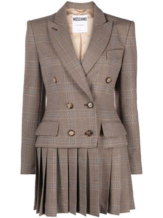 Moschino pleat-detail double-breasted blazer - women - Elastane/Virgin Wool/Viscose/Polyester - 44 - Brown