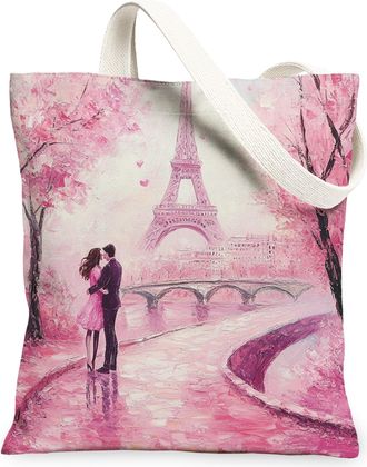 Generic Romantic Valentines Day Canvas Tote Bag for Shopping 13x15, Eiffel Tower Man and Wife Couple Reusable Grocery Print Pattern Bag for Women, Lover Beach