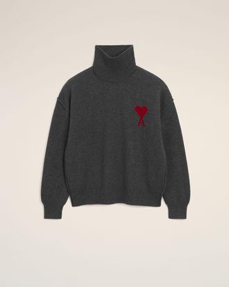 Ami Grey Wool Funnel Neck Sweater With Contrasted Ami De Coeur Grey - XL - Unisex