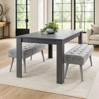 Kosy Koala Modern Dark Grey Dining Table Set with 2 Grey Velvet Benches Stylish Dining Room Furniture in Brown