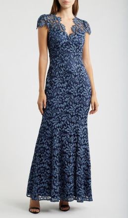 Eliza J Illusion Yoke Lace Trumpet Gown in Denim at Nordstrom, Size 10