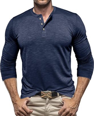 Generic Henley Shirts for Men Long Sleeve Button Down T-Shirts Casual V Neck Shirt Slim Fit Tops Solid Color Blouse Tees 2025 Camisas para La Playa para Hombr