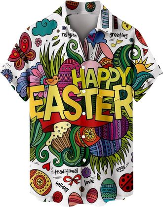 Generic Easter Hawaiian Shirt for Men Funny Printing Beach Shirts with Pocket Large Size Button Down Short Sleeve Tops Comfort Summer Shiteshirts Loose Fit Ca