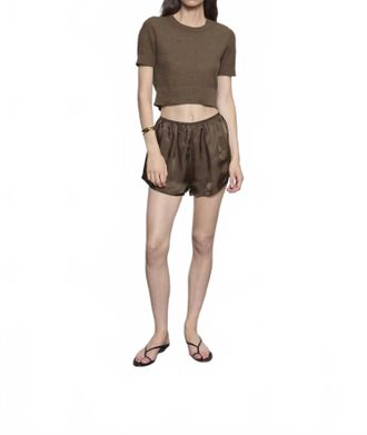 Enza Costa Linen Open Knit Cropped Short Sleeve Sweater In Chocolate