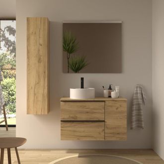 Cygnus Bath Mueble De Ba&ntilde;o Nabua Plus 90cm Roble Lavabo Sobre Encimera Porcelana Lado Reversible 1p