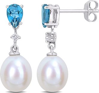 Mimi & Max 8-8.5mm Cultured Freshwater Pearl 1ct TGW Pear-Cut London Blue Topaz and Diamond Accent Drop Earrings in 10k White Gold