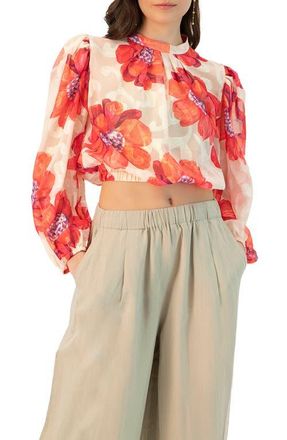 Ivonne Shimmering Printed Blouse with Pleated Round Neck in Ivory at Nordstrom, Size 14