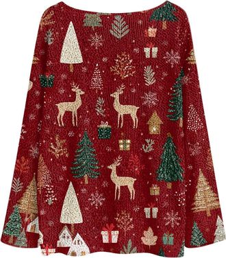 Generic Christmas Jumpers for Women Novelty Xmas Tree Graphic Print Blouse Casual Crewneck Loose Fit Fashion Ladies Sweatshirt navy christmas jumper Red S