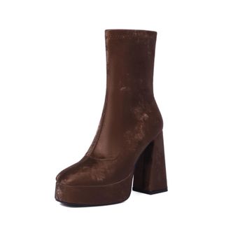 Generic Womens Retro Round Toe Ankle Boots With Stretch Fabric Thick Platform And High Chunky Block Heels Featuring Smooth Upper, Supportive Fit And Durable O