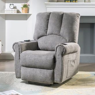 C&A Electric Lift Grey Senior Chair - Single Motor, Heated Massage, Stand Assist, Storage Pockets, Cup Holders