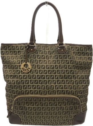 Fendi Beige Zucchino Canvas Leather Handbag Shoulder Bag Tote Bag (Pre-Owned)