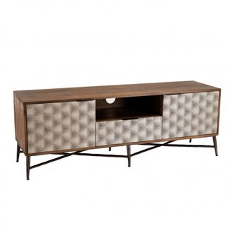 Macabane Mueble tv en madera de mango 2 puertas 1 caj&oacute;n motivos &eacute;tnicos