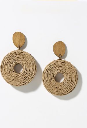 Simons Womens Round wood and raffia earrings