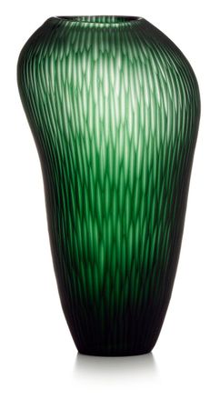 IVV carving green satin glass vase with vertical cut lines, height 36 cm, maximum diameter 19.5/14.5 cm