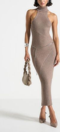 Mani&egrave;re De Voir Belina Halter Neck Knitted Maxi Dress With Chain in Taupe at Nordstrom, Size Large