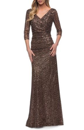 La Femme Three-Quarter Sleeve Sequin Dress with Ruching in Bronze at Nordstrom, Size 16