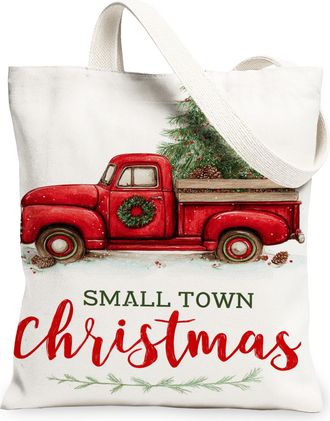 Generic Christmas Truck Canvas Tote Bags, Festive Holiday Design Reusable Bags, Winter Rustic Linen Lightweight Washable Canvas for, White, 13x15 Inch
