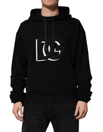 Dolce & Gabbana Black Cotton Oversize DG Logo Patch Hoodie Mens Sweater