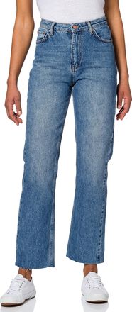 NA-KD Womens Straight High Waist Raw Hem Jeans, Mid Blue, 16 UK