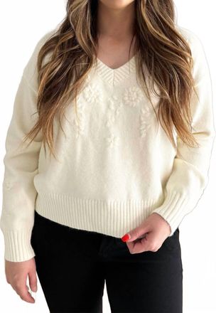 Pinch Design V-Neck Flower Embrordery Sweater In Ivory