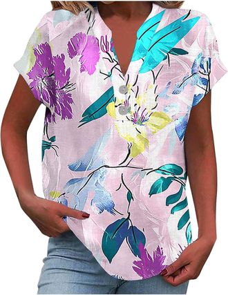 Generic Linen Tops for Women UK Short Sleeve V Neck Tops Dressy Casual Hawaiian Shirts Cotton Linen Workout Holiday Tunic Blouses Loose Floral Boho T Shirts f