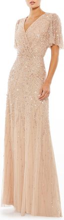 Mac Duggal Flutter-Sleeve Beaded Sheath Gown