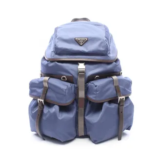 Prada Blue Brown Nylon Leather Backpack Handbag (Pre-Owned)