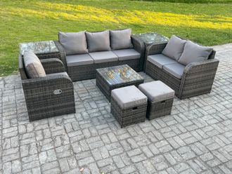 Fimous Indoor Outdoor Rattan Garden Furniture 8 Seater Set Table Sofa Chair Patio Conservatory with Grey Cushions 2 Small Footstools in Dark Grey