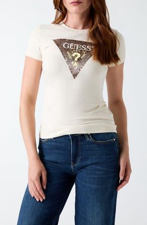 Guess Snakeskin Print Stud Triangle T-Shirt in Cream White at Nordstrom, Size X-Small