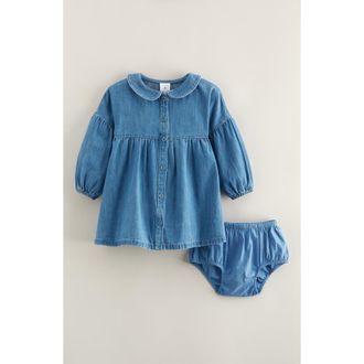 Nordstrom Bubble Sleeve Chambray Dress & Bloomers Set in Mid Gem Wash at Nordstrom, Size 24M