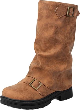 Generic Womens Mid Calf Boots Chunky Heel Ankle Boots Round Toe Square Buckle Casual Fashion Booties(Yellow, 36)