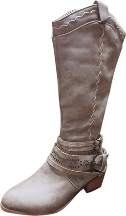 Generic Cowboy Boots for Women Comfortable High Heel Long Boots Vintage Buckle Hollow Boot Lady Round Toe Suede Outdoor Hiking Shoes