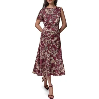 DKNY Floral Asymmetrical Sleeve Midi Dress in Black/cherry at Nordstrom, Size 10